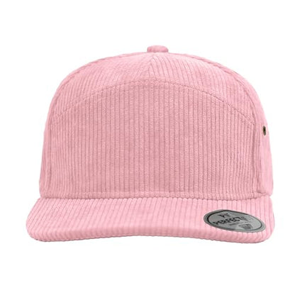 7 Panel Corduroy Cap – Structured Cotton Snapback Flat Bill Adjustable Unisex Streetwear Hat - color: Light Pink