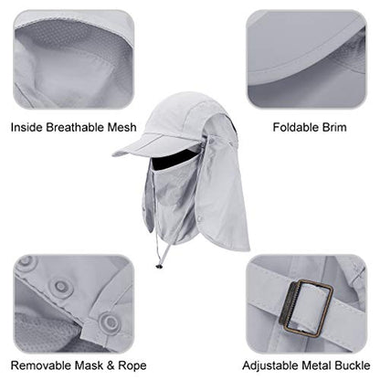 CRISTGEE Foldable Sun Cap, Fishing Hats, UPF 50+ Protection Caps with Face Mask Neck Flap - color: Light Gray