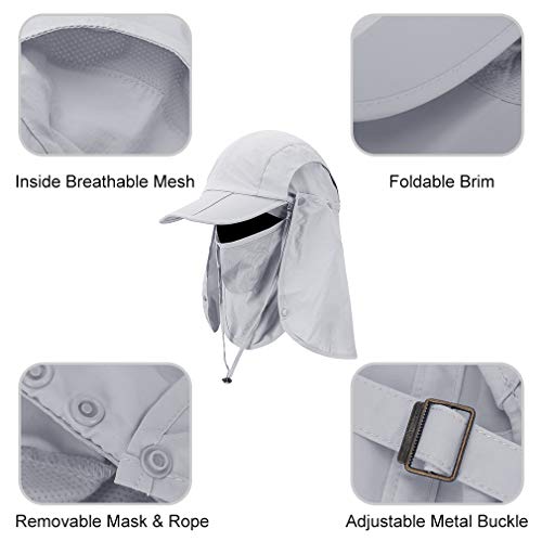 CRISTGEE Foldable Sun Cap, Fishing Hats, UPF 50+ Protection Caps with Face Mask Neck Flap - color: Light Gray