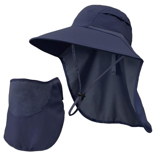 Sun Hats for Men Women Detachable Face Cover Wide Brim Fishing Hats with Neck Flap UPF 50+ Outdoor Safari Hats - color: Navy Blue