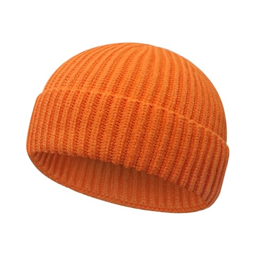 Wool Fisherman Beanies for Men Women Short Cuff Knit Beanie - color: Orange