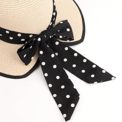 DRESHOW Sun Hats for Women Travel Fedora Foldable Beach Sun Hat Summer Wide Brim Straw Bucket Hat with Bowknot UPF 50+ - color: 1 Pack Bowknot Straw Hat: Beige (Black Polka Dot Band)
