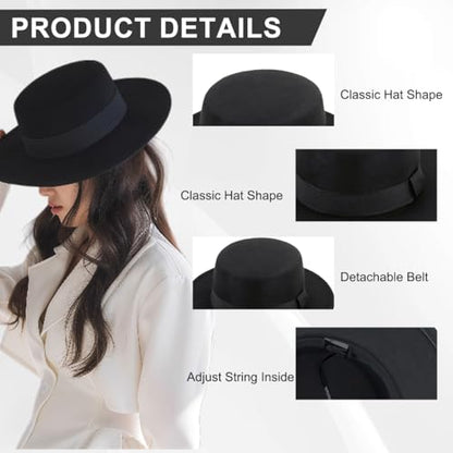 Classic Black Felt Fedora Hat Unisex, Flat Top Pork Pie Cap, Wide Brim Derby Boater Hat for Daily Wear Formal Party Events