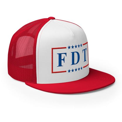 NX FDT Embroidered Flat Bill Trucker Hat High Crown Adjustable FDT Hat - color: Red/ White/ Red