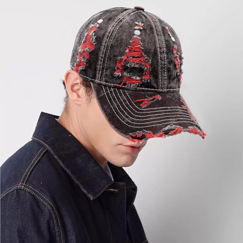 Distressed Washed Denim Baseball Cap Vintage Ripped Strapback Sun Hat for Men Women - color: Red