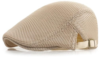 Xinveen Men's Mesh Cap Breathable Summer Newsboy Hat Adjustable Beret Ivy Cap Irish Cabbie Driving Hunting Hats - color: Beige
