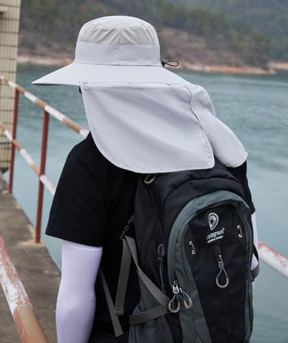 HUAMULAN Women Men Wide Brim Sun Hat Hiking Fishing Hats with Neck Flap - color: Light Gray With Mesh Panel