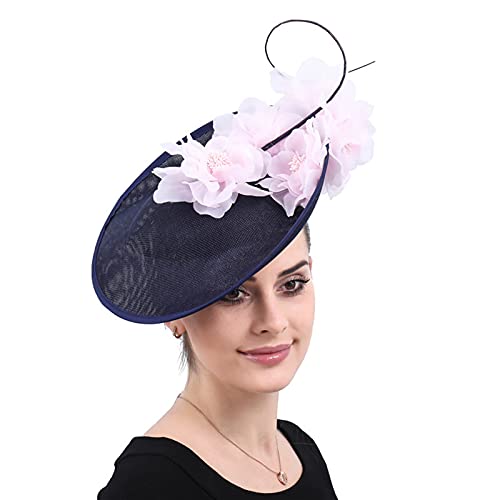 ORIDOOR Women Fascinators Derby Church Tea Party Wedding Flower Feathers Headpiece with Headband Clips - color: 06a-navy Blue+pink