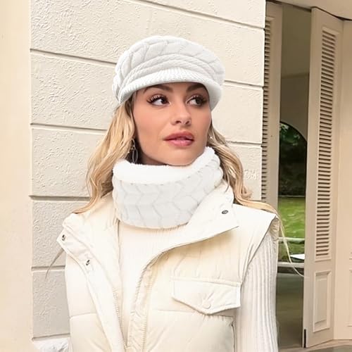 Loritta Womens Winter Beanie Hats, Thick Warm Beanie with Visor Brim - color: White