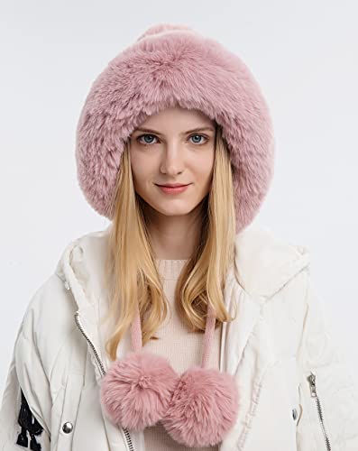 Winter Beanie Hats for Women with Ear Flaps Faux Fur Crochet Skull Cap Warm Outdoor Ski Snow Hats Pompoms - color: Pink