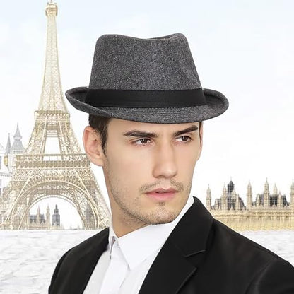 Men's Wool Fedora Hat Classic Warm Trilby Jazz Cap Roll Up Short Brim Gentleman Hat for Elderly Dad Grandpa - color: Light Grey-b