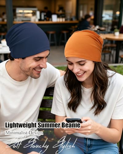 ROYBENS 100% Cotton Thin Slouchy Beanie Hat Women Men Lightweight Chemo Cap - color: 1pcs-brown