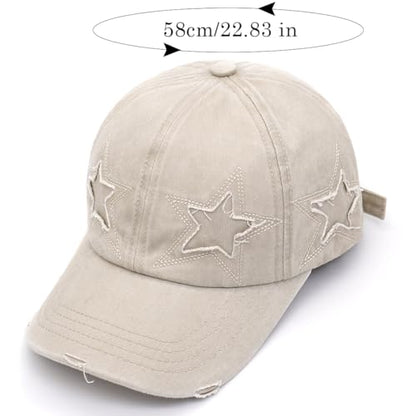 Retro Washed Distressed Baseball Cap with Five Pointed Stars for Women Men - color: Beige