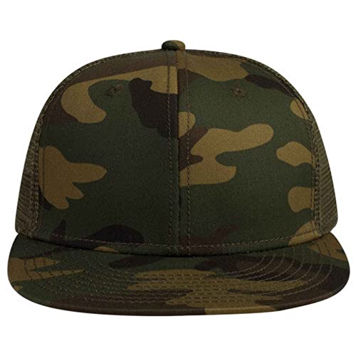 Plain Cotton Twill Flat Brim Mesh Adjustable Snapback Trucker Baseball Cap - color: Camo/Camo/Dark Olive Green
