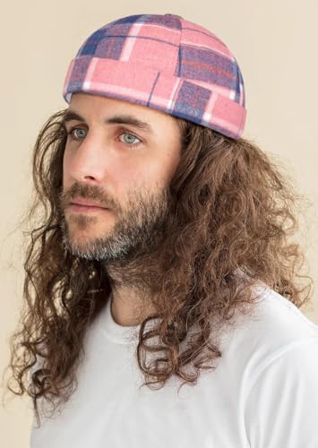 DIYDECAL Striped Plaid Brimless Worker Cap,Retro Skullcap Docker Hat for Men Womens - color: Pink