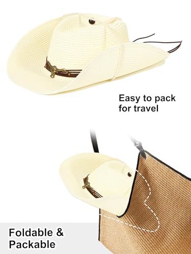 Straw Cowboy Sun Hat Western Cowgirl Women Men with Windproof Chin Strap - color: 크리미 화이트.