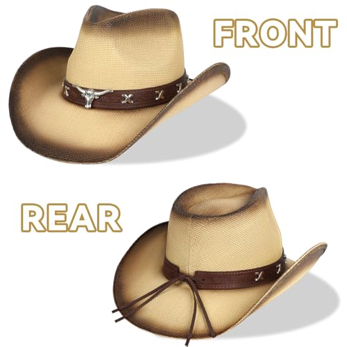 WQWOVRVO Cowboy Hat,Cowgirl Hat,Western Cowboy Hats for Women/Mens/Straw Wide with Shapeable Brim Cowboy Hat for Womens - color: Beige & Coffee