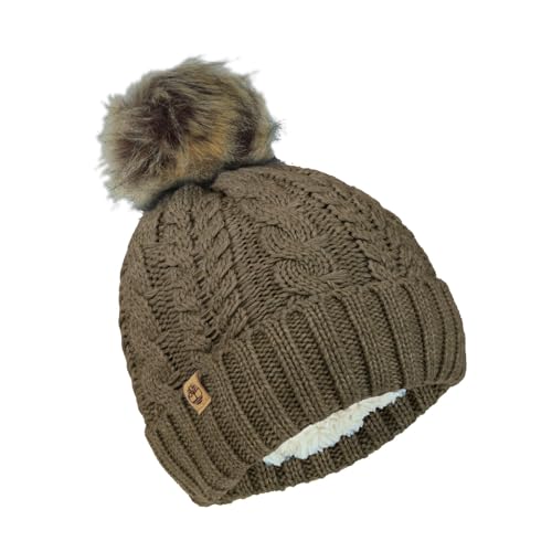 Timberland Women’s Cable Knit Faux Fur Pom Beanie - Soft Winter Hat, Ribbed Cuff, Warm Lining, Stylish Cozy Cold Weather Wear - color: Chocolate Chip