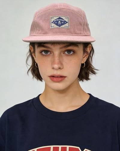 CLAPE Snapback 5 Panel Hat for Men, Washed Cotton Vintage Flat Brim Cap - color: 5p02-washed Pink
