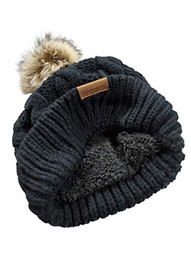 Novarena Thick Cable Knit Faux Fuzzy Fur Pom Fleece Lined Skull Cap Cuff Beanie - color: Black Pom Beanie
