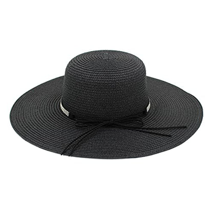 4.5" Wide Brim Foldable UPF50 Rhinestone Trim Floppy Summer Straw Sun Beach Hat - color: Black