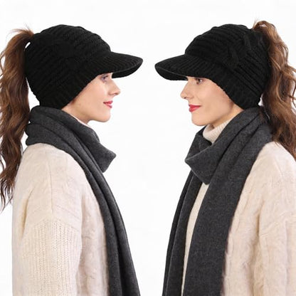 Women's BeanieTail Warm Knit Hat Messy High Bun Ponytail Visor Beanie Cap - color: B340-black, size: Medium
