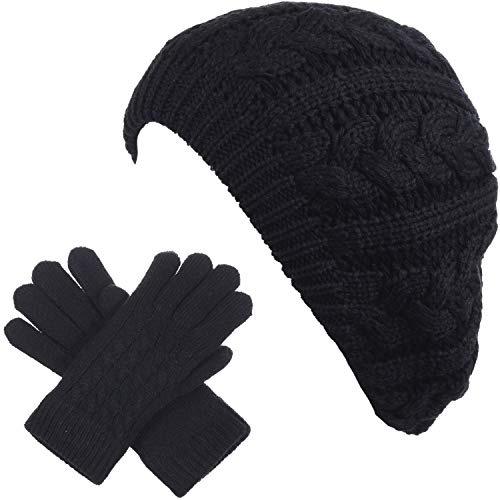 BYOS Womens Winter Cozy Cable Fleece Lined Knit Beret Beanie Hat (Set Available) - color: Black Cable Hat Gloves Set