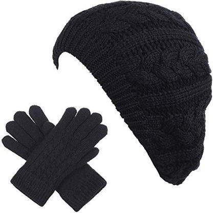 BYOS Womens Winter Cozy Cable Fleece Lined Knit Beret Beanie Hat (Set Available) - color: Black Cable Hat Gloves Set