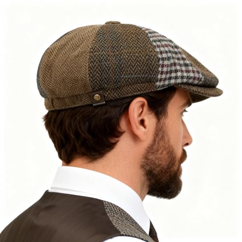 Men's Faux Woolen Tweed Plaid Ivy Cabbie Gatsby Newsboy Golf Paperboy Hat Cap - color: 878coffee