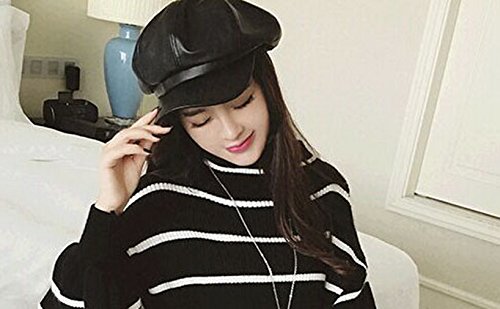 Women PU Leather Newsboy Cabbie Peaked Beret Cap Vintage Baker Boy Visor Hat