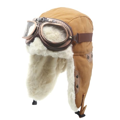 Adults Vintage Aviator Hat Trapper Cap - color: Camel Hat+clear Lenses