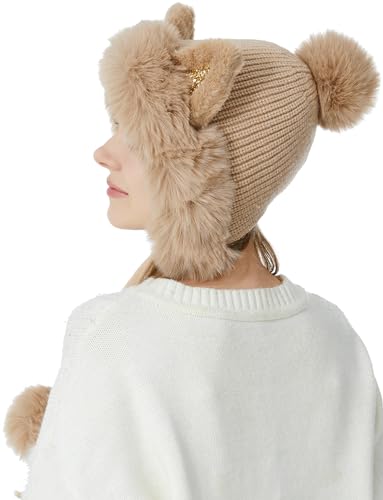 Womens Beanie Winter Hats Warm Pompom Faux Fur Crochet Skull Ear Cap - color: Khaki