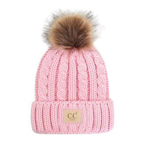 C.C Kids' Suede Patch Snuggly Soft Warm Knit Pom Cuff Beanie - color: Cable Knit Faux Fur, Pale Pink