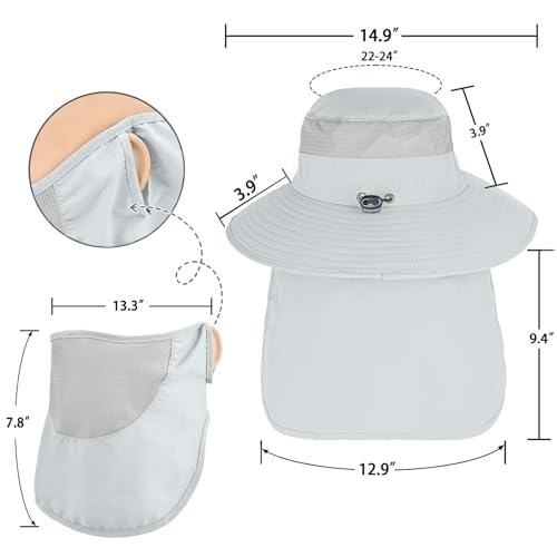 ZOORON Sun Hats for Men Women with Neck Flap Fishing UPF 50+ UV Protection - color: Light Grey (With Face Cover)