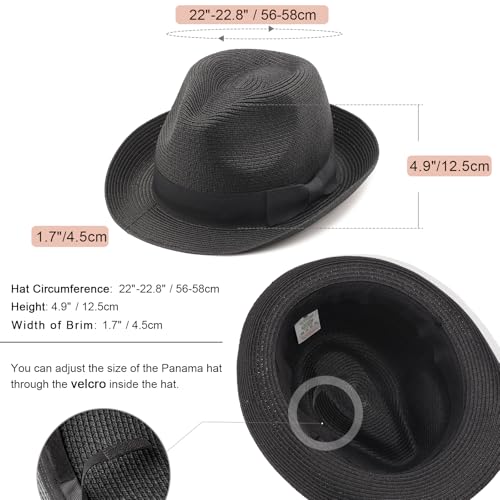 AQOKKA Summer Straw Fedora Hat for Women Men Travel Panama Hat with Wide Brim Roll Up Sun Hat for Beach Outdoor UPF 50+ - color: Rolled Straw Hat: : Black With Black Band