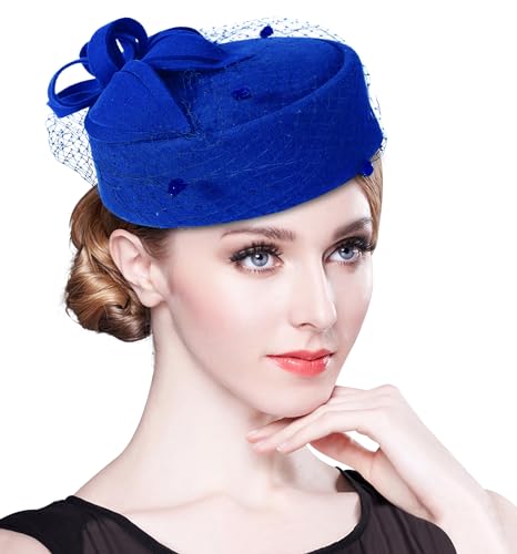 Z&X British Vintage Wool Felt Pillbox Hat Ladies Church Derby Winter Fascinator Hat Veil Flower Fedoras - color: A- Royal Blue