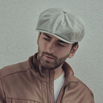 Sterkowski Shelby Paperboy Hat | 100% Softened Cotton Newsboy Cap for Men | 8 Panel Peaky Style - color: Beige/Gray, size: 7