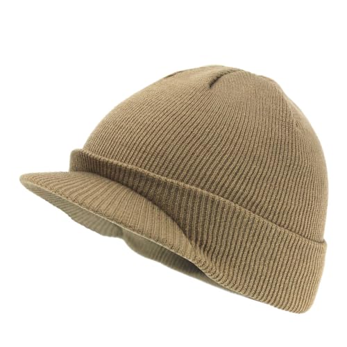 The Vintage Year Visor Beanie Billed Knit Radar Cuff Skull Cap Sports Outdoor Winter Stretch Acrylic One Size Men Women - color: Khaki