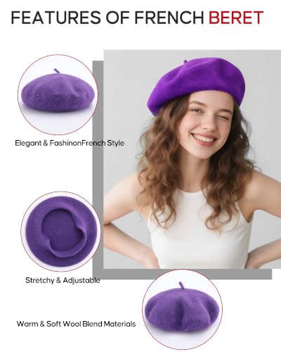 French Beret Hats for Women - Wool Solid Color Beanie Cap - color: Grape Purple