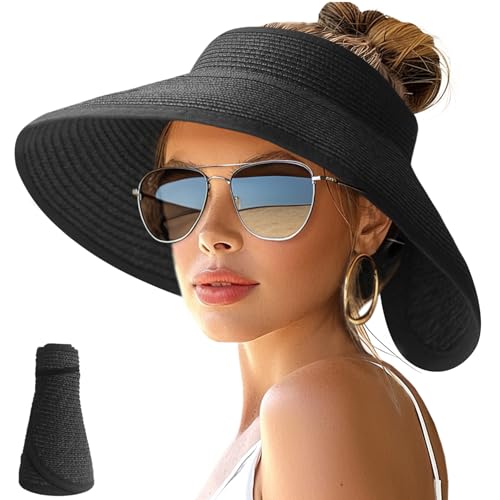 NPJY Sun Hats for Women Wide Brim Roll-Up Ponytail Packable Straw Visor - color: Black