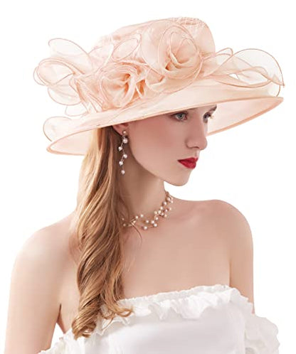 Women Derby Fascinator Hat Organza Church Wedding Hats Wide Brim Cocktail Tea Party Hat - color: 12 Light Pink
