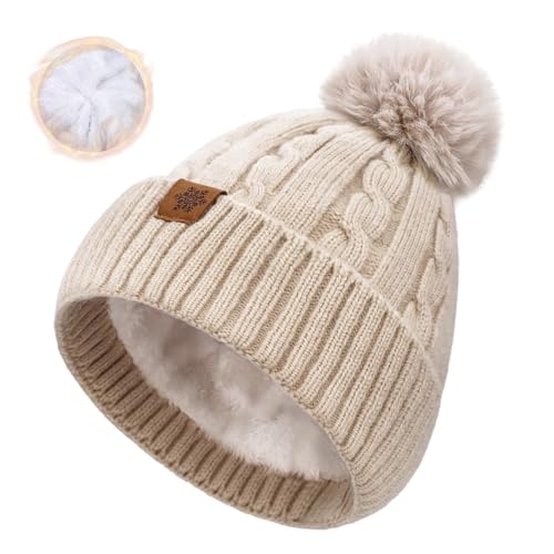 Winter Beanie Hats for Women Pom Pom Wool Cable Knit Thermal Fleece Warm Faux Fur Beanies for Cold Weather - color: Beige