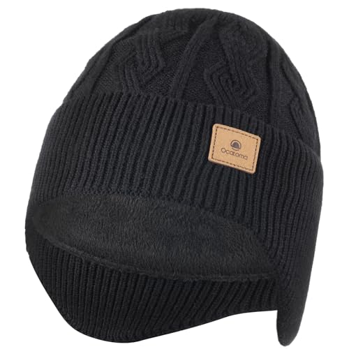 Ocatoma Winter Beanie with Earflap for Men Women Warm Knit hat Fleece Lined - color: Black