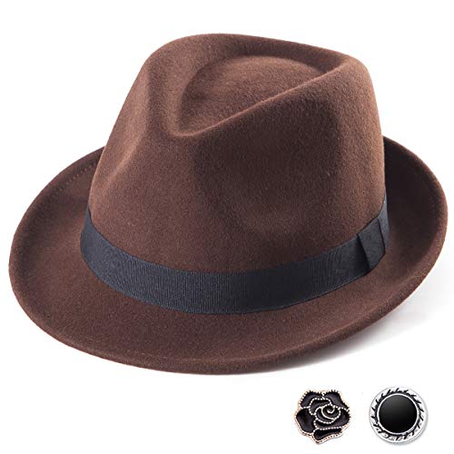 LADYBRO Straw Trilby Fedora Hat for Men Women 1920s Wool Felt Panama 7 1/4 - color: 08 Coffee, Size: 7 1/4 (58cm), Fits 22" - 22 7/8"