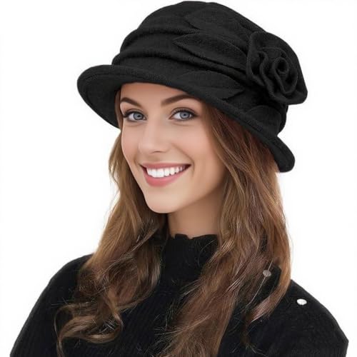 Wool Cloche Bucket Hat for Women 1920s Floral Bowler Cap Elegant Church Dress Cap Winter Warm Fedora Hat - color: Black
