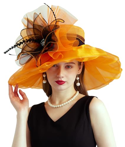 Women Organza Derby Hat Fascinator Tea Party Wedding Church Derby Hat Fascinator Hats Dual-use - color: 02a Orange