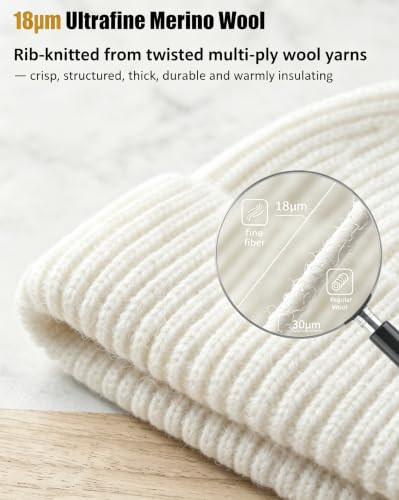 100% Merino Wool Fisherman Beanies for Men Winter Beanie Skull Cap - color: White