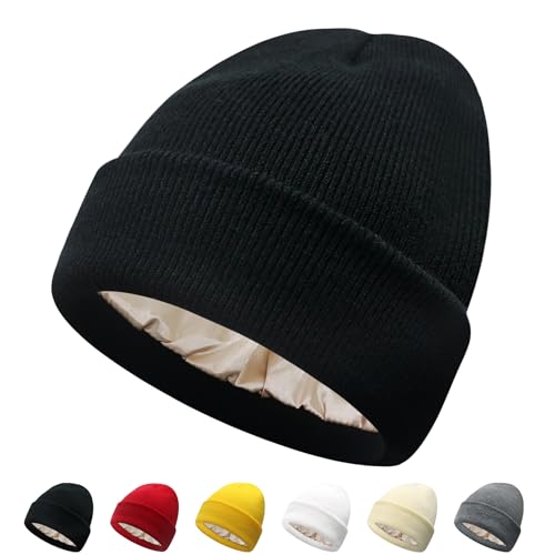 PFFY Satin Lined Beanie for Women Winter Hats Warm Reduce Frizz - color: Black