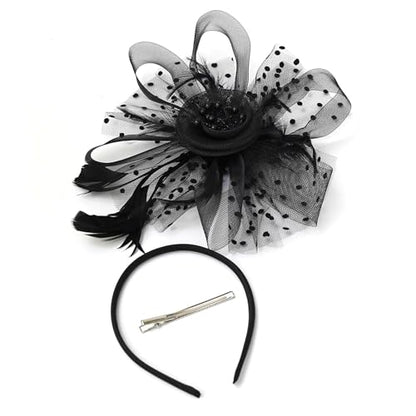 JUNBESTN Fascinators Hat Tea Party Headwear for Women Flower Mesh Feathers Headband - color: Black