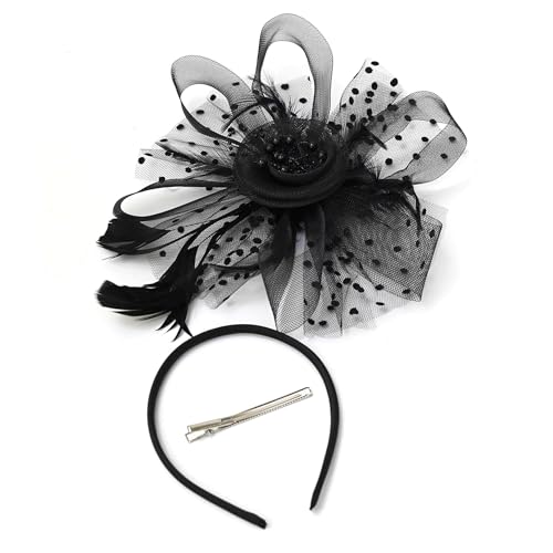 JUNBESTN Fascinators Hat Tea Party Headwear for Women Flower Mesh Feathers Headband - color: Black